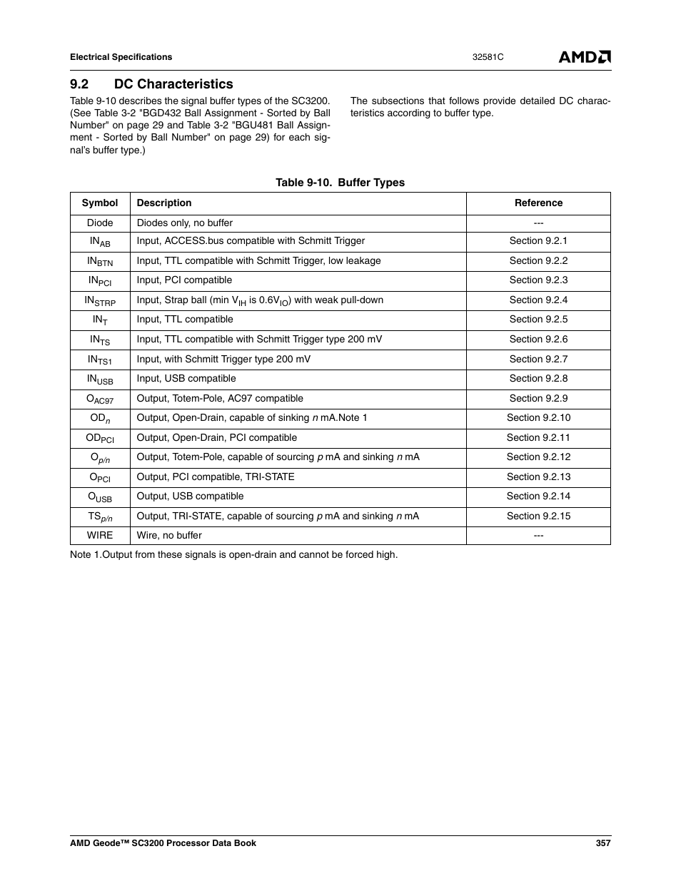 2 dc characteristics, Dc characteristics, Table 9-10 | Buffer types | AMD Geode SC3200 User Manual | Page 357 / 428