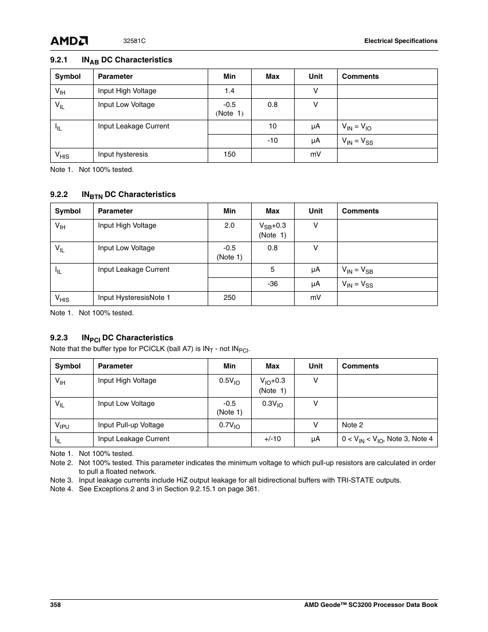 1 inab dc characteristics, 2 inbtn dc characteristics, 3 inpci dc characteristics | Section 9.2.1, Section 9.2.2, Section 9.2.3 | AMD Geode SC3200 User Manual | Page 358 / 428