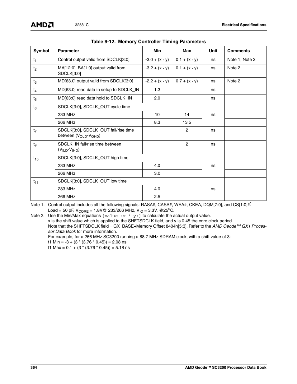 Table 9-12, Memory controller timing parameters | AMD Geode SC3200 User Manual | Page 364 / 428