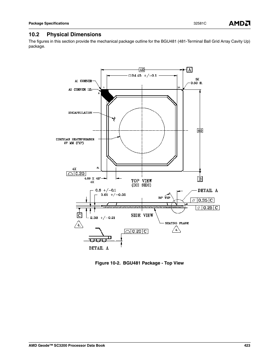 2 physical dimensions, Physical dimensions, Figure 10-2 | Bgu481 package - top view | AMD Geode SC3200 User Manual | Page 423 / 428