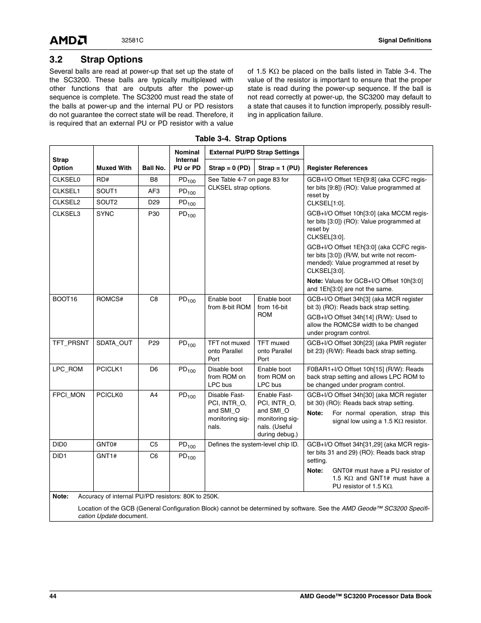 2 strap options, Strap options, Table 3-4 | Section 3.2 "strap options": se | AMD Geode SC3200 User Manual | Page 44 / 428