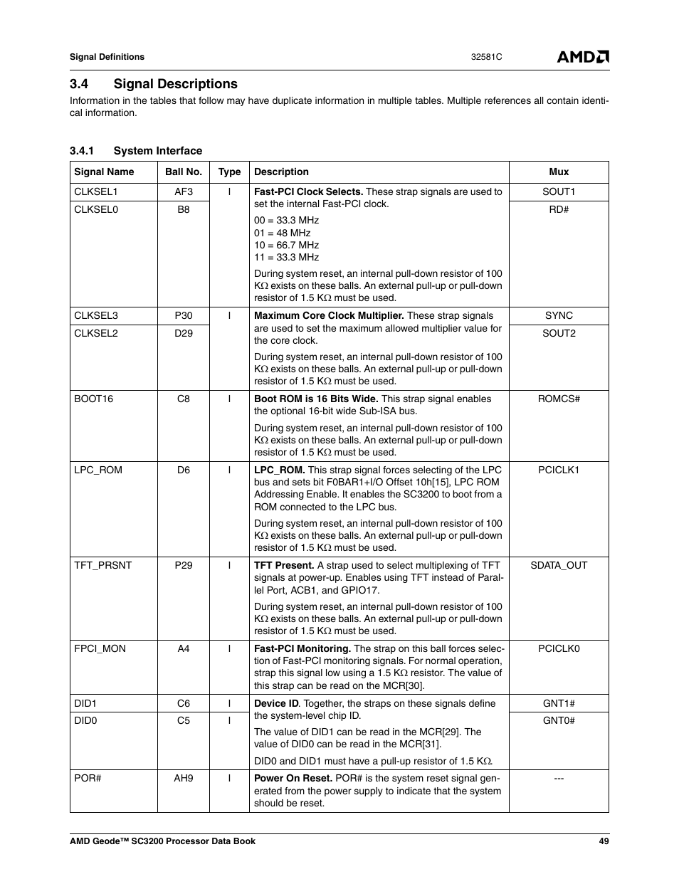 4 signal descriptions, 1 system interface, Signal descriptions | Section 3.4 "signal descriptions | AMD Geode SC3200 User Manual | Page 49 / 428