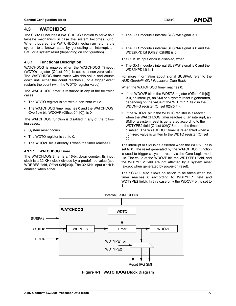 3 watchdog, 1 functional description, 1 watchdog timer | Watchdog, Figure 4-1, Watchdog block diagram, In section 4.3 | AMD Geode SC3200 User Manual | Page 77 / 428