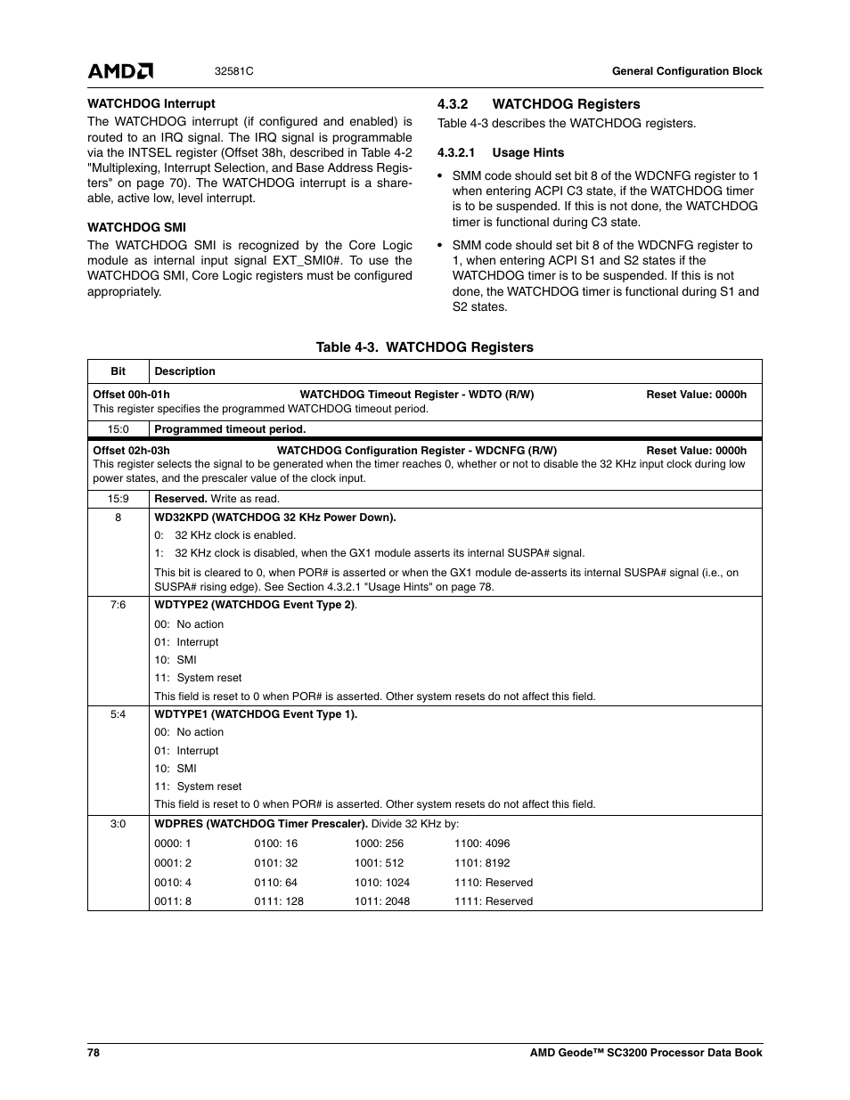 2 watchdog registers, 1 usage hints, Table 4-3 | Watchdog registers, Section 4.3.2 | AMD Geode SC3200 User Manual | Page 78 / 428