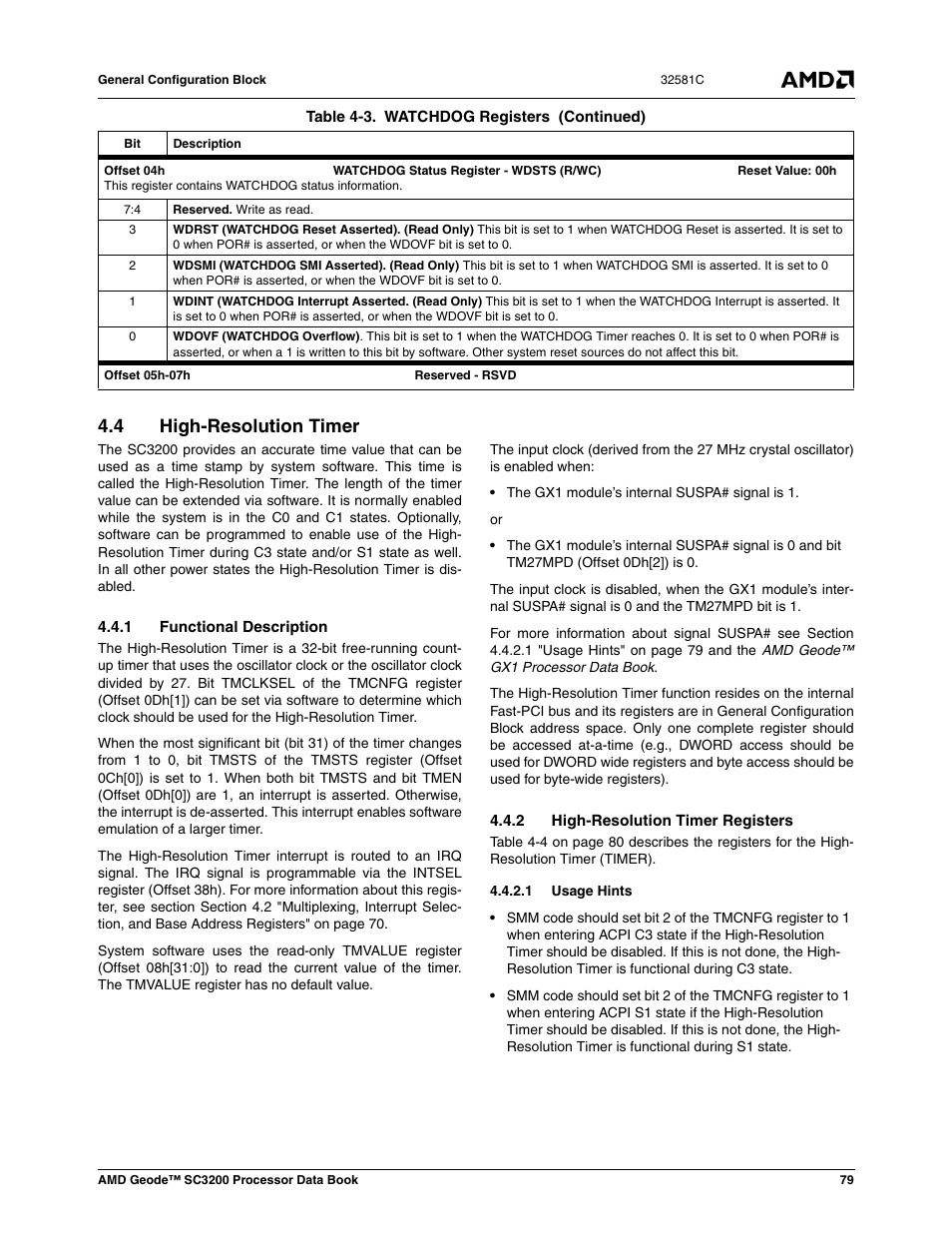 4 high-resolution timer, 1 functional description, 2 high-resolution timer registers | 1 usage hints, High-resolution timer, Section 4.4 | AMD Geode SC3200 User Manual | Page 79 / 428