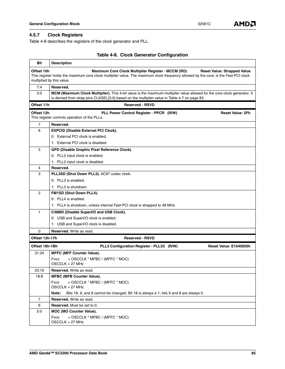 7 clock registers, Table 4-8, Clock generator configuration | AMD Geode SC3200 User Manual | Page 85 / 428