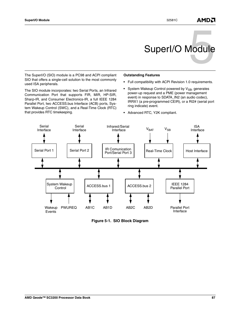 Superi/o module, Figure 5-1, Sio block diagram | 0 superi/o module | AMD Geode SC3200 User Manual | Page 87 / 428