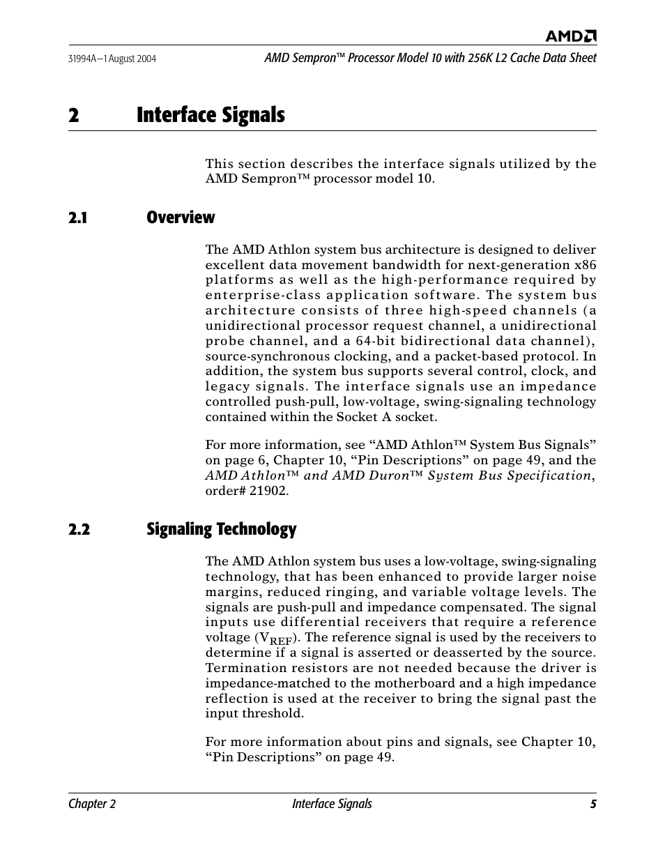 2 interface signals, 1 overview, 2 signaling technology | Interface signals, Overview, 2interface signals | AMD SEMPRON 10 User Manual | Page 17 / 102