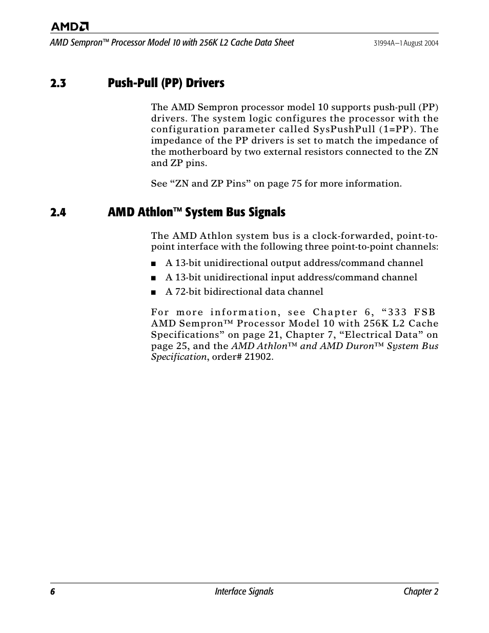 3 push-pull (pp) drivers, 4 amd athlon™ system bus signals, Push-pull (pp) drivers | Amd athlon™ system bus signals | AMD SEMPRON 10 User Manual | Page 18 / 102