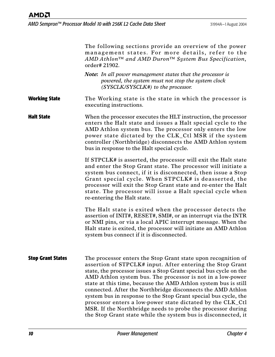 Working state, Halt state, Stop grant states | AMD SEMPRON 10 User Manual | Page 22 / 102