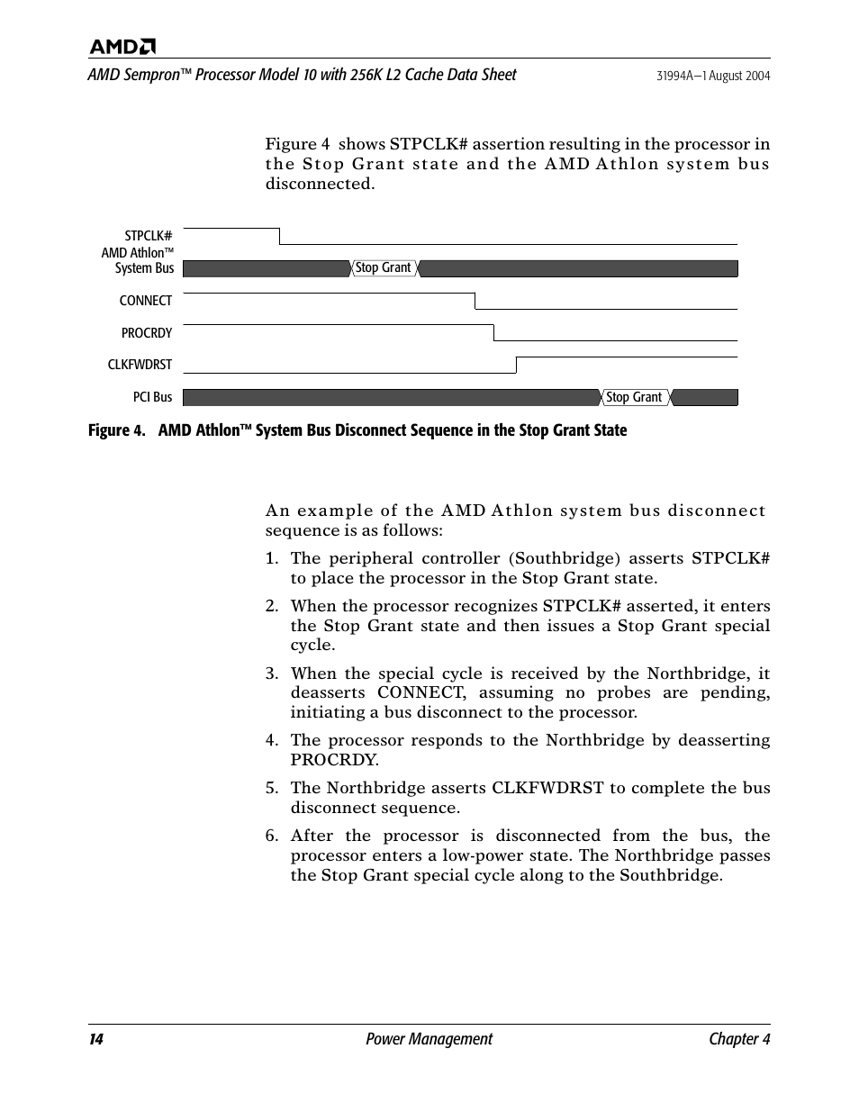 Figure 4, Amd athlon™ system bus disconnect sequence in, The stop grant state | AMD SEMPRON 10 User Manual | Page 26 / 102