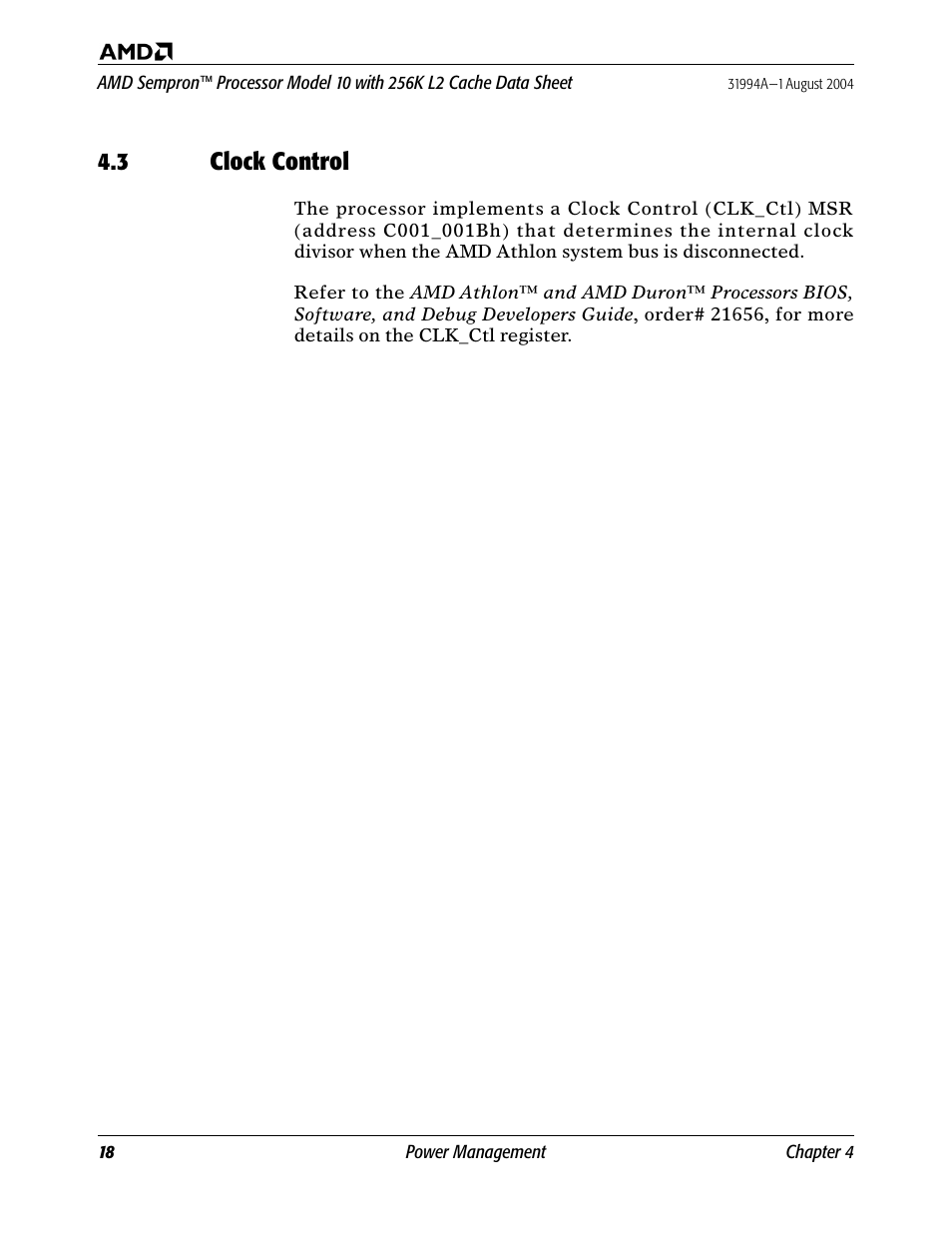 3 clock control, Clock control | AMD SEMPRON 10 User Manual | Page 30 / 102