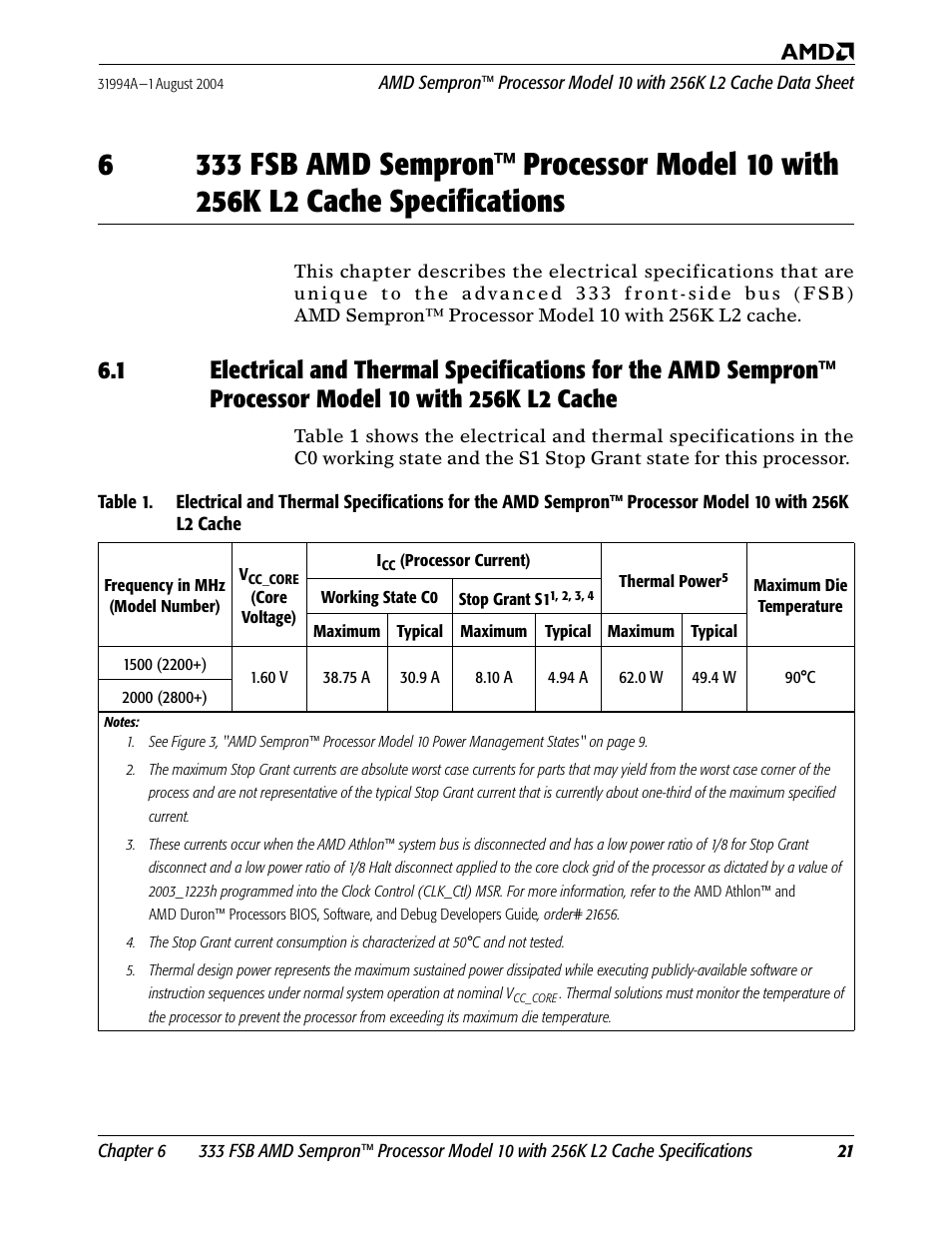 Table 1, Electrical and thermal specifications for the, Amd sempron™ processor model 10 with 256k l2 cache | AMD SEMPRON 10 User Manual | Page 33 / 102