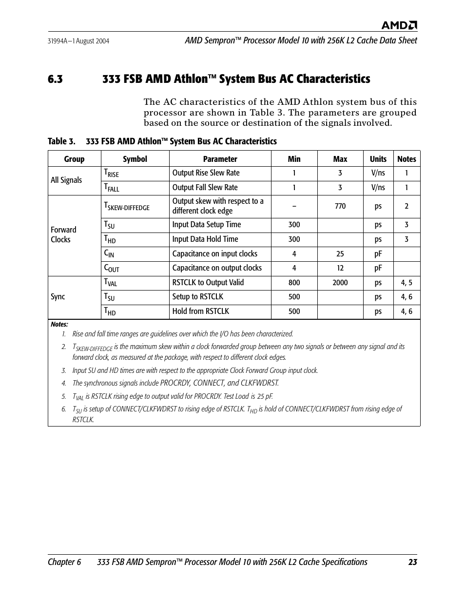 333 fsb, Table 3, 333 fsb amd athlon™ system bus ac characteristics | AMD SEMPRON 10 User Manual | Page 35 / 102