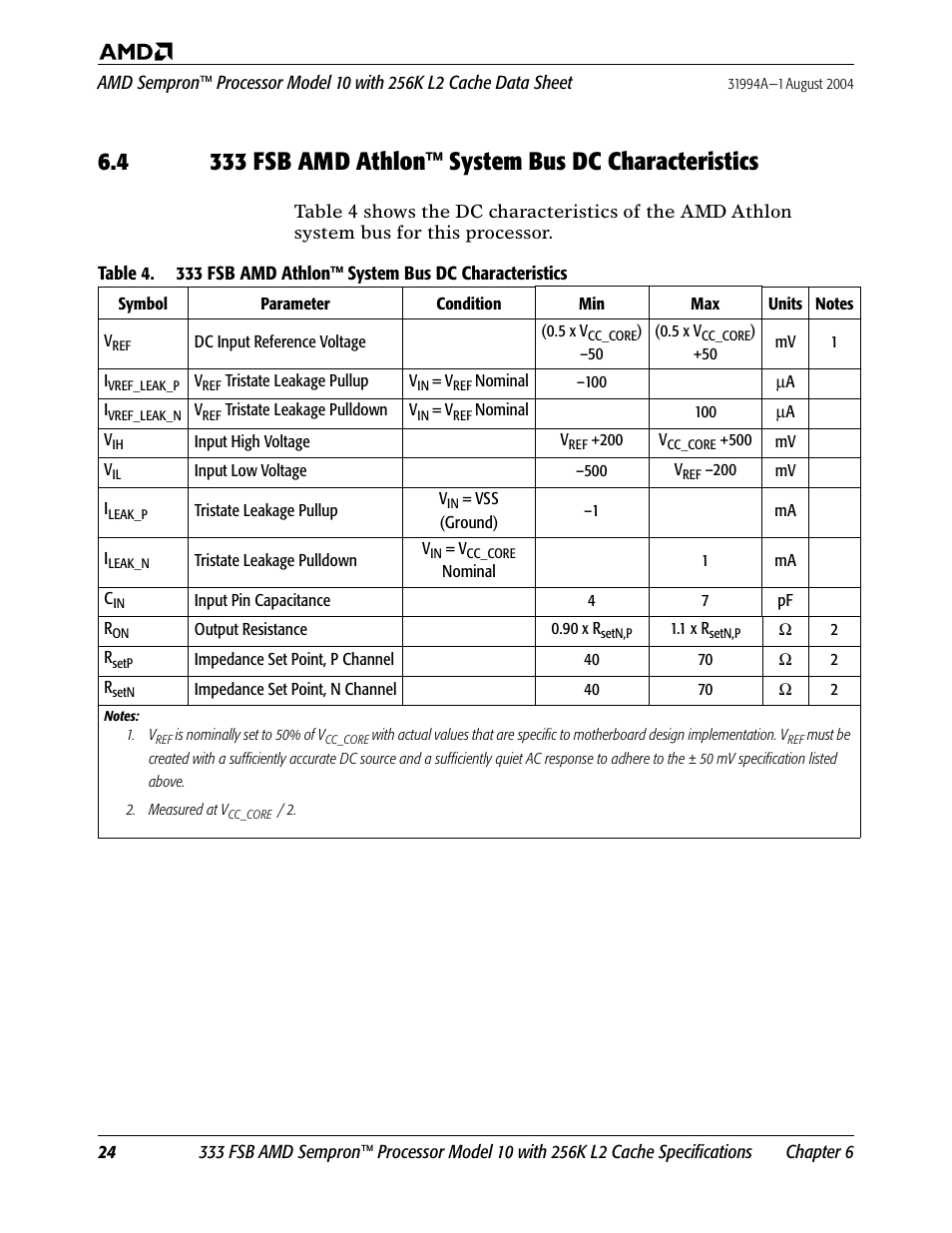 333 fsb, Table 4, 333 fsb amd athlon system bus dc characteristics | AMD SEMPRON 10 User Manual | Page 36 / 102