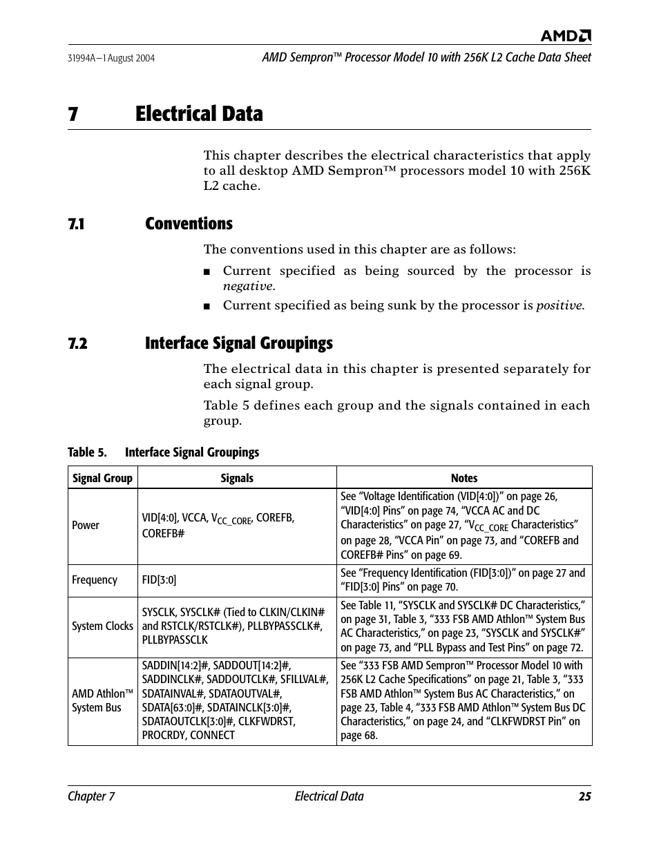 7 electrical data, 1 conventions, 2 interface signal groupings | Table 5, Interface signal groupings, 7electrical data | AMD SEMPRON 10 User Manual | Page 37 / 102