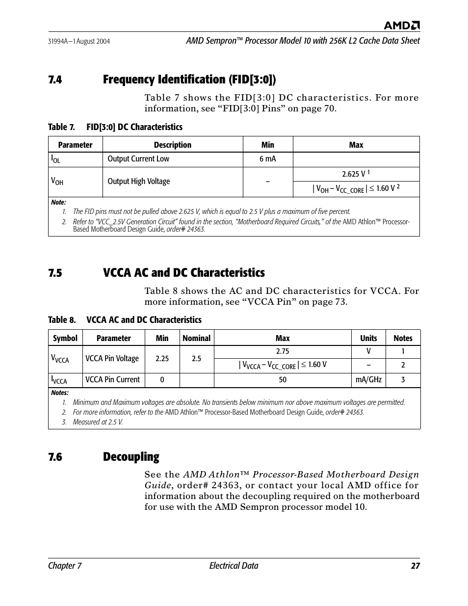 4 frequency identification (fid[3:0]), 5 vcca ac and dc characteristics, 6 decoupling | Table 7, Fid[3:0] dc characteristics, Table 8, Vcca ac and dc characteristics | AMD SEMPRON 10 User Manual | Page 39 / 102