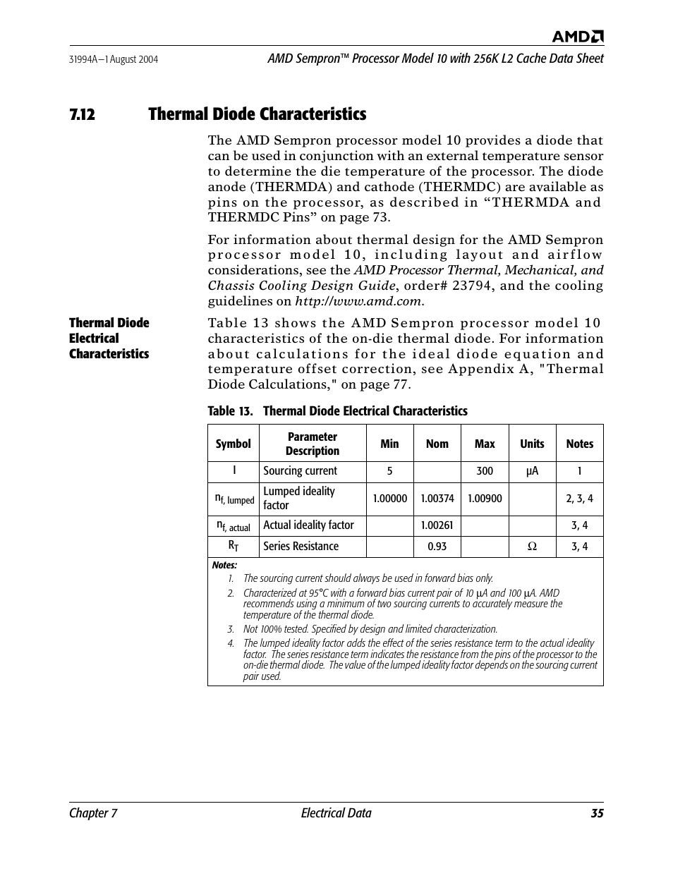 12 thermal diode characteristics, Thermal diode electrical characteristics, Ther | Table 13. thermal diode electrical characteristics | AMD SEMPRON 10 User Manual | Page 47 / 102