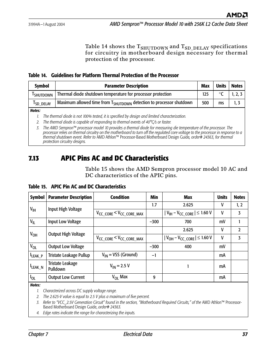 13 apic pins ac and dc characteristics, Apic pins ac and dc characteristics, Processor | Table 15. apic pin ac and dc characteristics | AMD SEMPRON 10 User Manual | Page 49 / 102