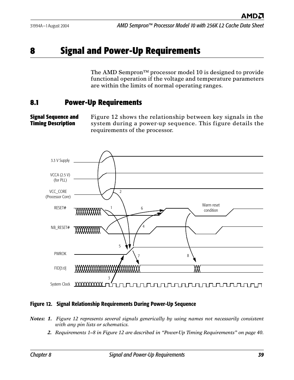 8 signal and power-up requirements, 1 power-up requirements, Signal sequence and timing description | Signal and power-up requirements, Sequence, 8signal and power-up requirements | AMD SEMPRON 10 User Manual | Page 51 / 102