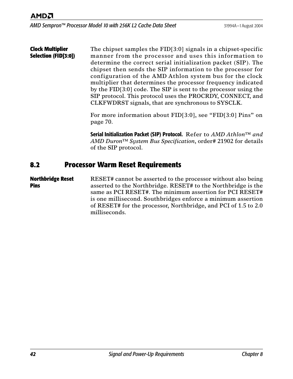 Clock multiplier selection (fid[3:0]), 2 processor warm reset requirements, Northbridge reset pins | Nort | AMD SEMPRON 10 User Manual | Page 54 / 102