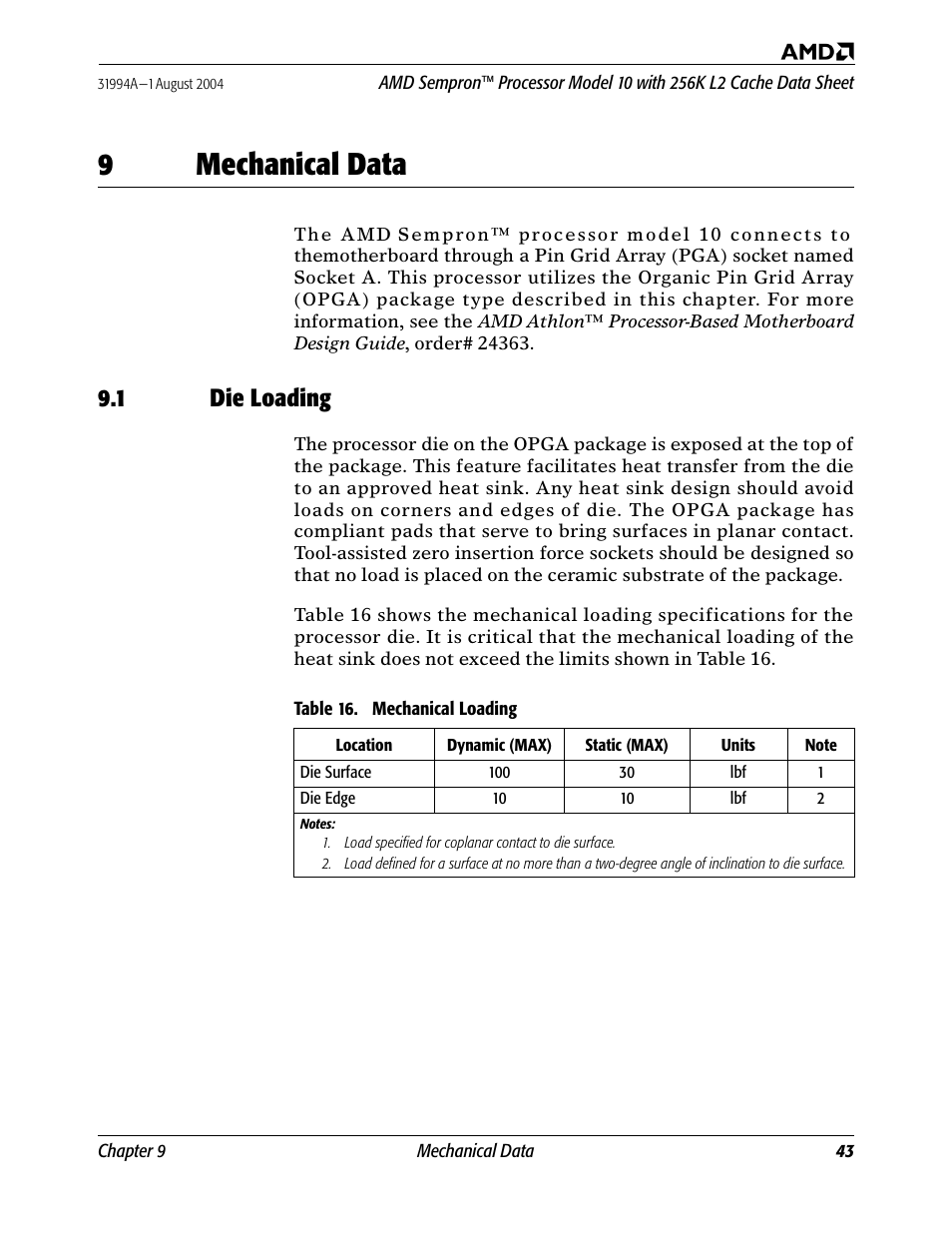 9 mechanical data, 1 die loading, Mechanical data | Table 16. mechanical loading, 9mechanical data | AMD SEMPRON 10 User Manual | Page 55 / 102