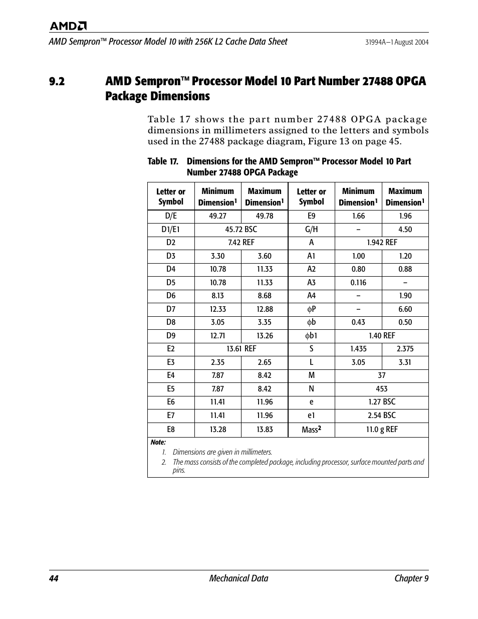 Table 17. dimensions for the amd sempron processor, Model 10 part number 27488 opga package | AMD SEMPRON 10 User Manual | Page 56 / 102