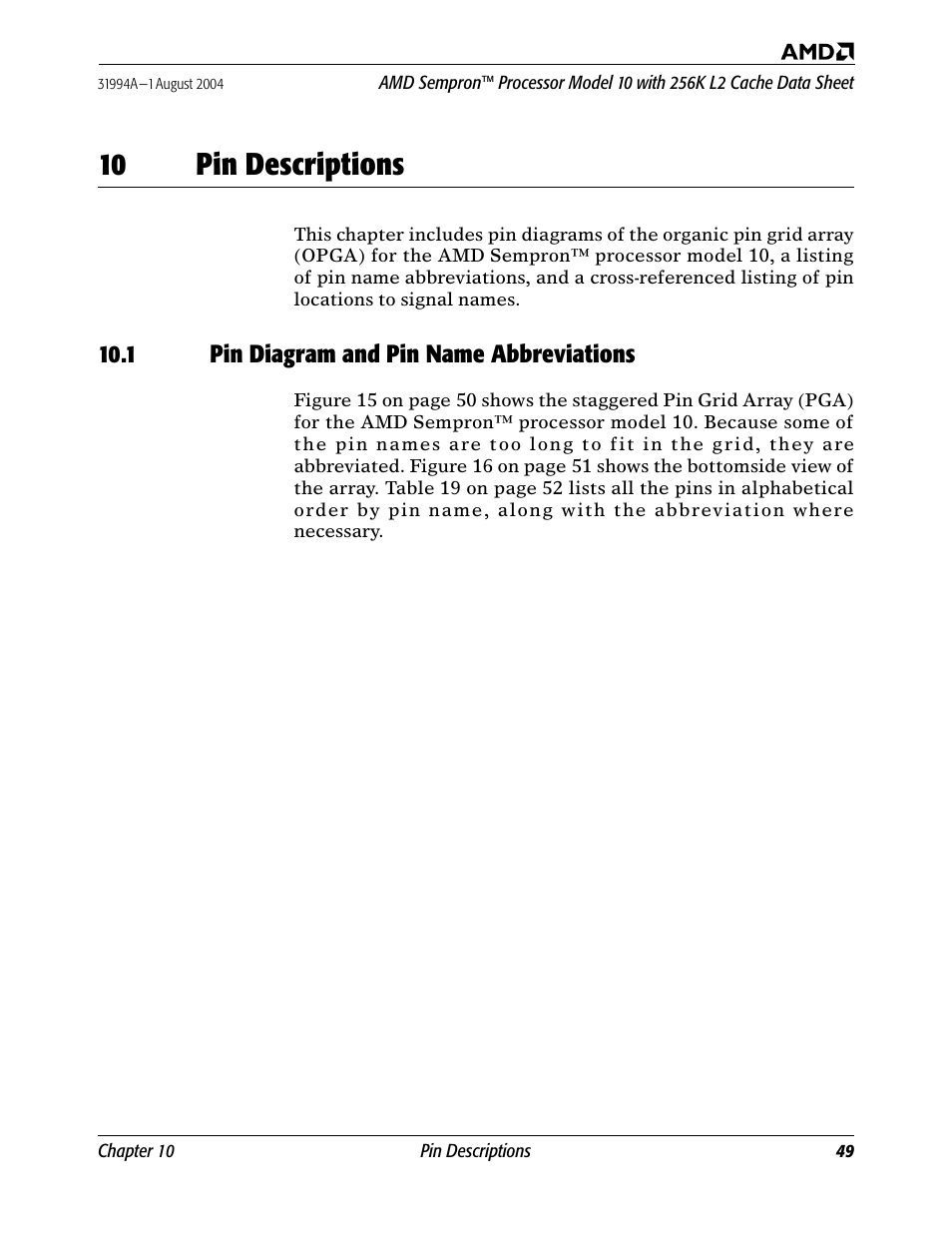 10 pin descriptions, 1 pin diagram and pin name abbreviations | AMD SEMPRON 10 User Manual | Page 61 / 102