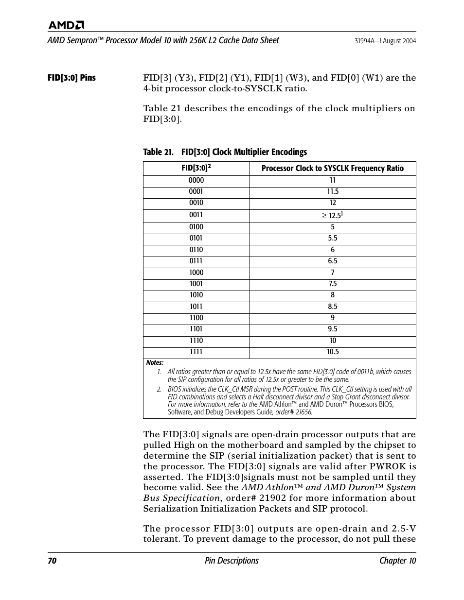 Fid[3:0] pins, Table 21. fid[3:0] clock multiplier encodings | AMD SEMPRON 10 User Manual | Page 82 / 102