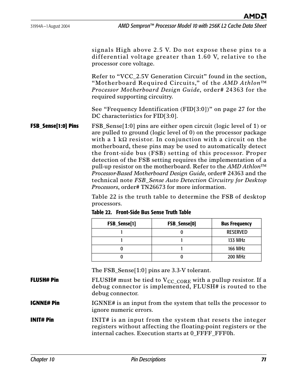 Fsb_sense[1:0] pins, Flush# pin, Ignne# pin | Init# pin, Fsb_sense[1:0] pins f, Table 22. front-side bus sense truth table | AMD SEMPRON 10 User Manual | Page 83 / 102