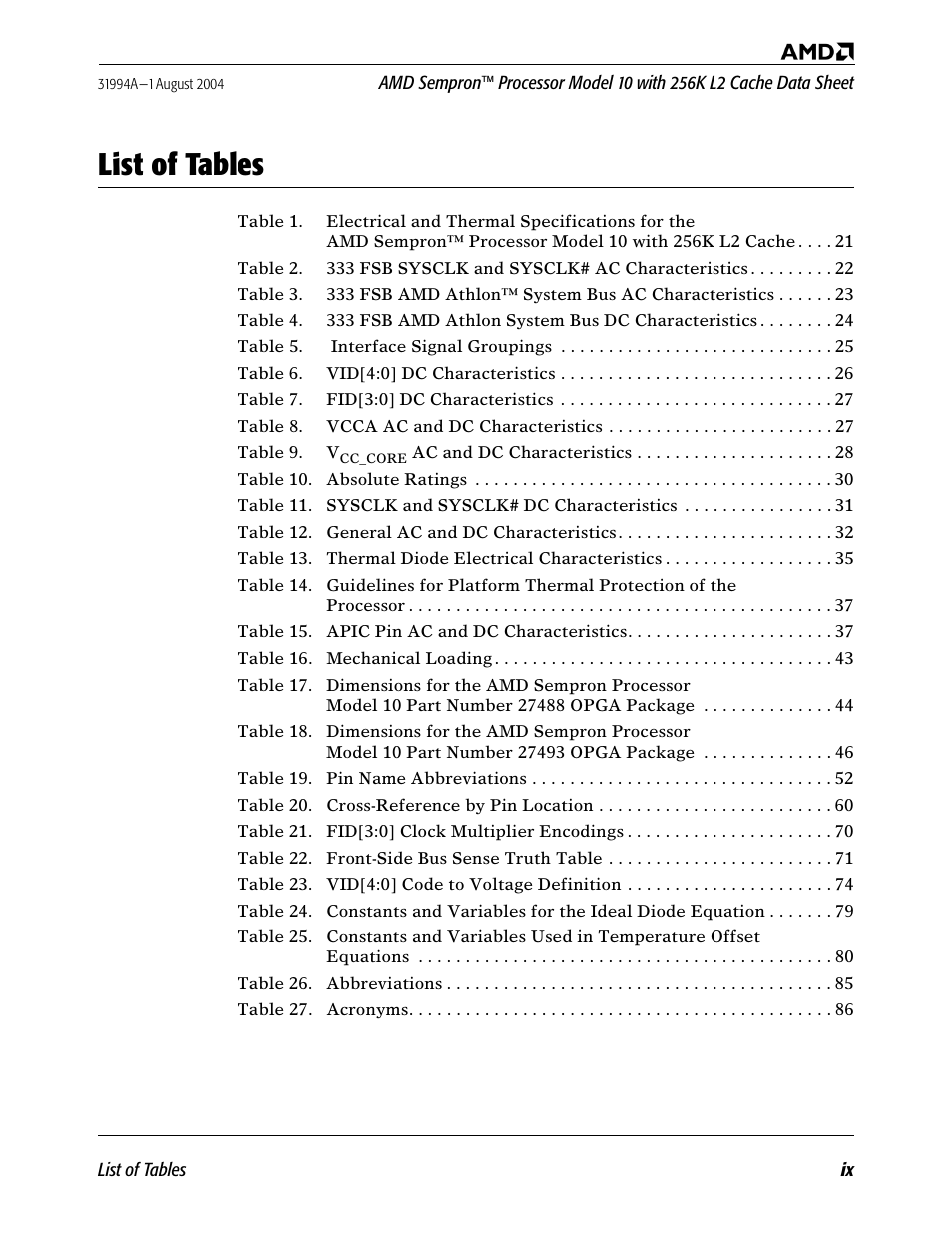 List of tables | AMD SEMPRON 10 User Manual | Page 9 / 102