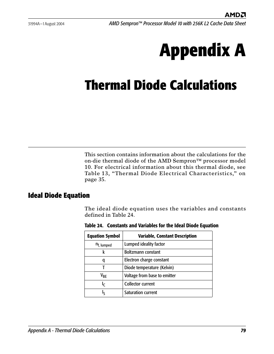 Thermal diode calculations, Ideal diode equation, Appendix a thermal diode calculations | Appendix a | AMD SEMPRON 10 User Manual | Page 91 / 102