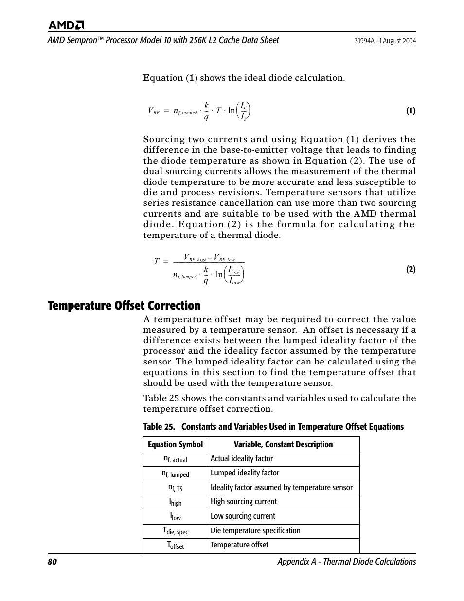 Temperature offset correction, Equations | AMD SEMPRON 10 User Manual | Page 92 / 102