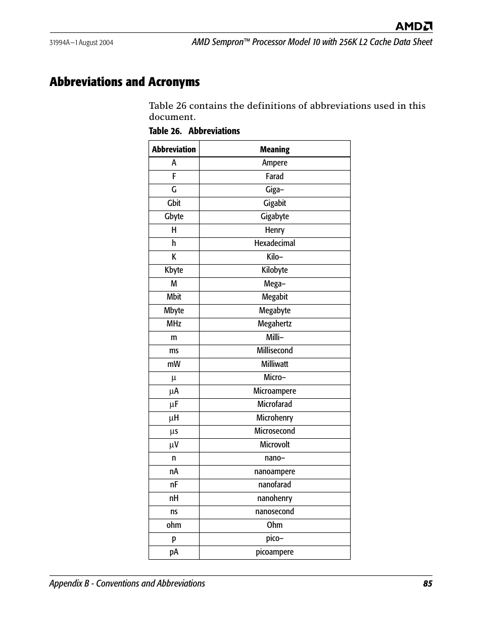 Abbreviations and acronyms, Table 26. abbreviations | AMD SEMPRON 10 User Manual | Page 97 / 102