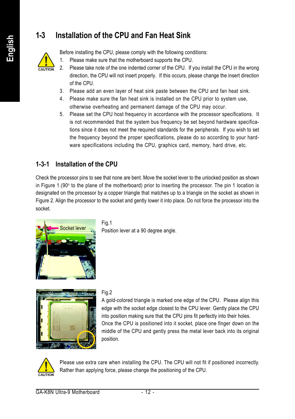 English, 3 installation of the cpu and fan heat sink | AMD GA-K8N ULTRA-9 User Manual | Page 12 / 80