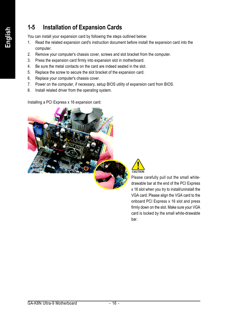 English, 5 installation of expansion cards | AMD GA-K8N ULTRA-9 User Manual | Page 16 / 80