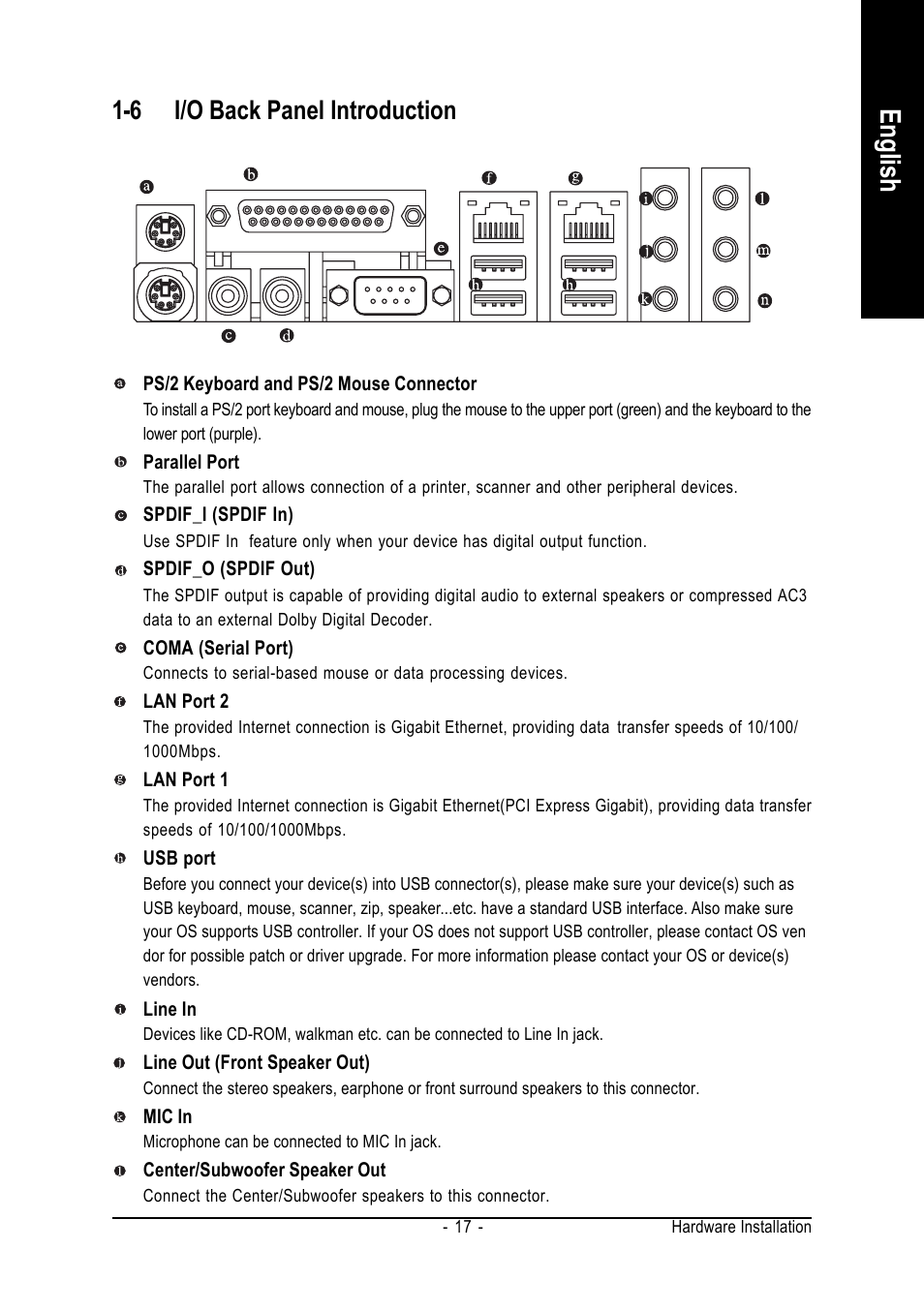 English, 6 i/o back panel introduction | AMD GA-K8N ULTRA-9 User Manual | Page 17 / 80