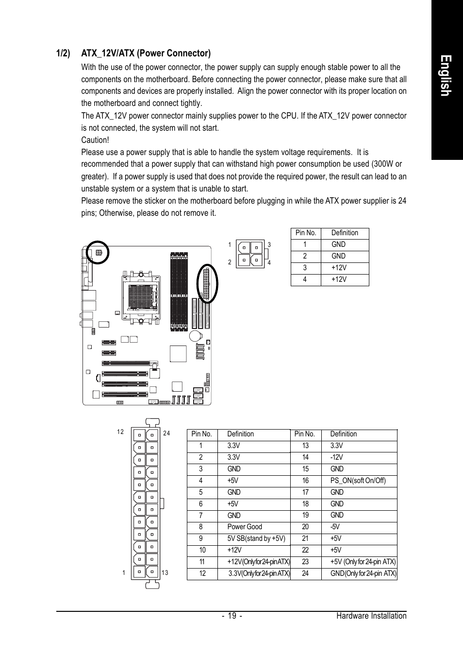 English, 1/2) atx_12v/atx (power connector) | AMD GA-K8N ULTRA-9 User Manual | Page 19 / 80