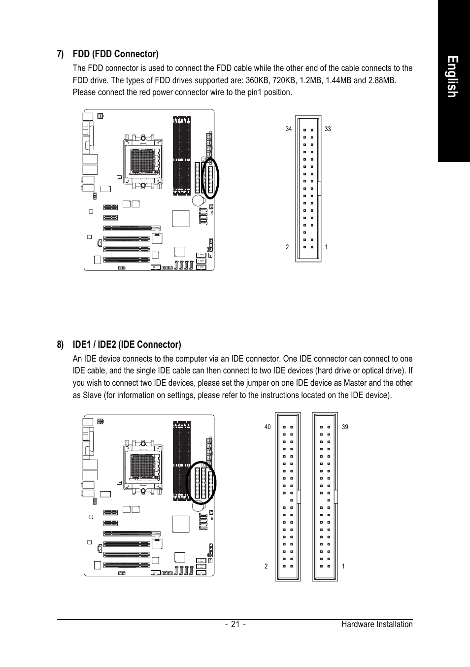 English, 8) ide1 / ide2 (ide connector), 7) fdd (fdd connector) | AMD GA-K8N ULTRA-9 User Manual | Page 21 / 80