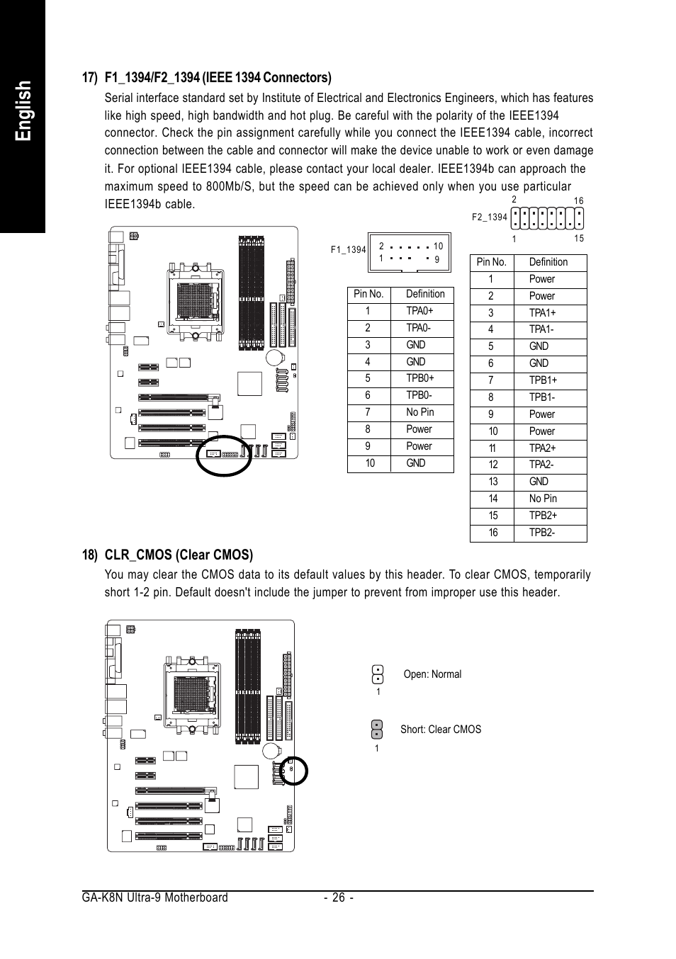 English, 18) clr_cmos (clear cmos) | AMD GA-K8N ULTRA-9 User Manual | Page 26 / 80