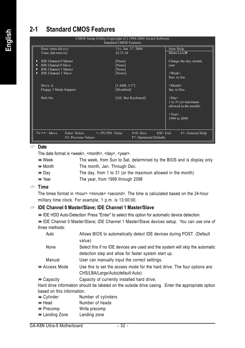 English, 1 standard cmos features, Date | Time | AMD GA-K8N ULTRA-9 User Manual | Page 32 / 80