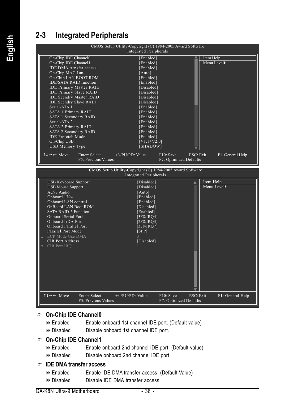 English, 3 integrated peripherals, On-chip ide channel0 | On-chip ide channel1, Ide dma transfer access, Ga-k8n ultra-9 motherboard - 36 | AMD GA-K8N ULTRA-9 User Manual | Page 36 / 80