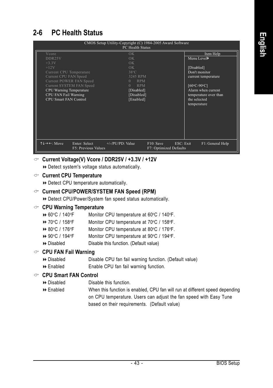 English, 6 pc health status, Current cpu temperature | Current cpu/power/system fan speed (rpm), Cpu warning temperature, Cpu fan fail warning, Cpu smart fan control | AMD GA-K8N ULTRA-9 User Manual | Page 43 / 80