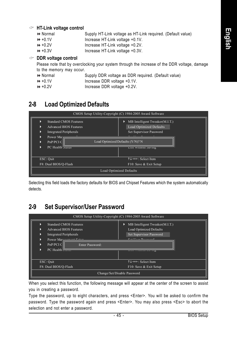 English, 8 load optimized defaults, 9 set supervisor/user password | Ht-link voltage control, Ddr voltage control | AMD GA-K8N ULTRA-9 User Manual | Page 45 / 80