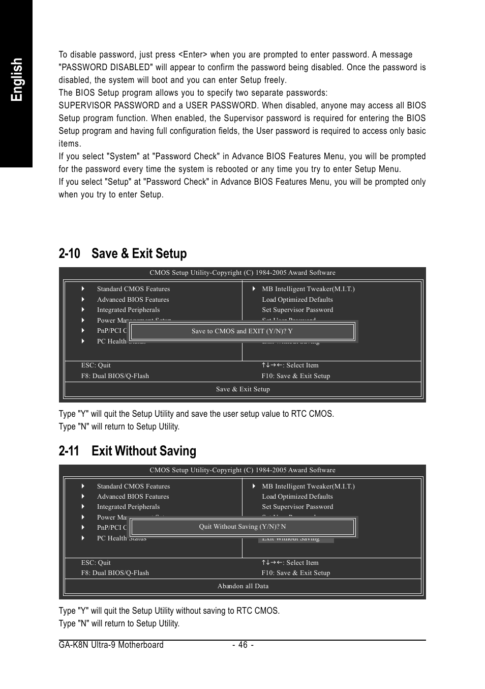 English, 10 save & exit setup, 11 exit without saving | Ga-k8n ultra-9 motherboard - 46 | AMD GA-K8N ULTRA-9 User Manual | Page 46 / 80