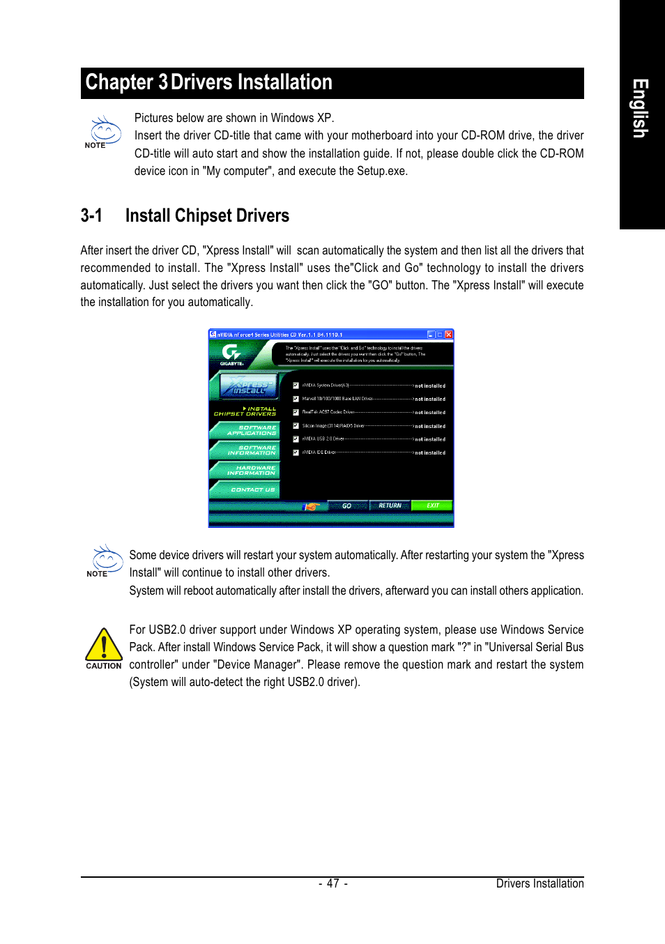 Chapter 3drivers installation, English, 1 install chipset drivers | AMD GA-K8N ULTRA-9 User Manual | Page 47 / 80