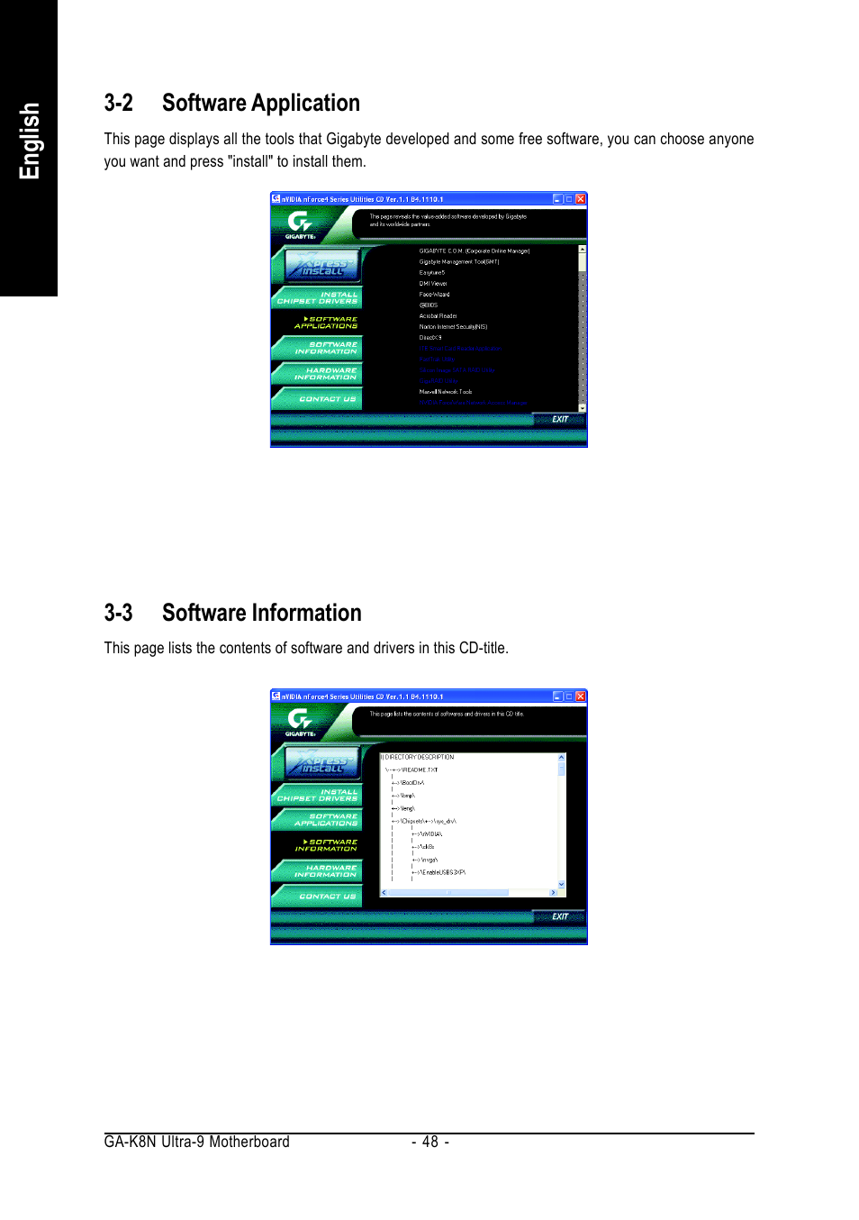 English, 2 software application, 3 software information | AMD GA-K8N ULTRA-9 User Manual | Page 48 / 80