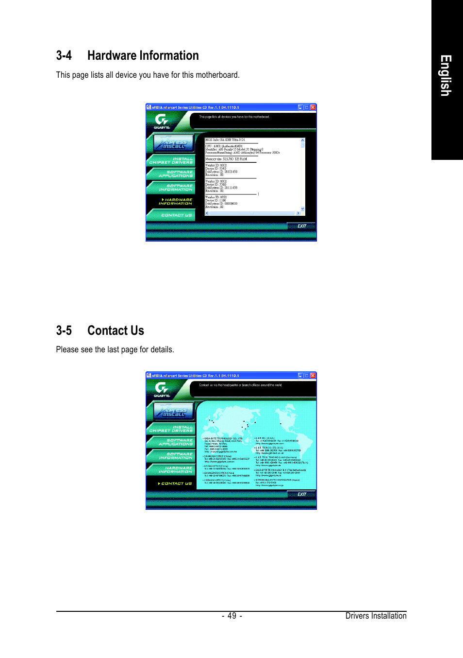 English, 4 hardware information, 5 contact us | AMD GA-K8N ULTRA-9 User Manual | Page 49 / 80