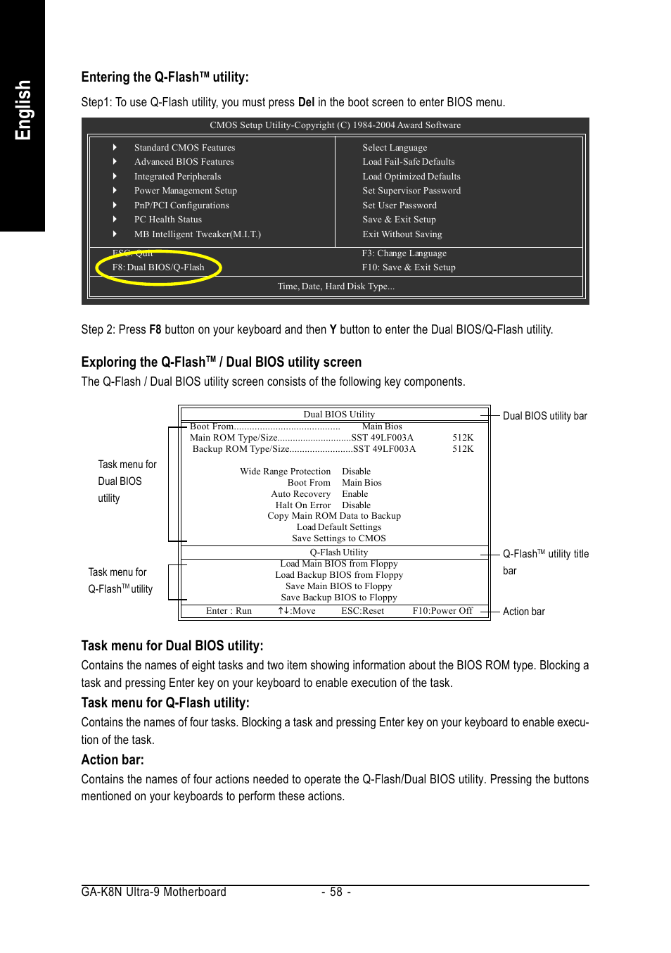 English, Entering the q-flash, Utility | Exploring the q-flash, Dual bios utility screen, Task menu for dual bios utility, Task menu for q-flash utility, Action bar | AMD GA-K8N ULTRA-9 User Manual | Page 58 / 80