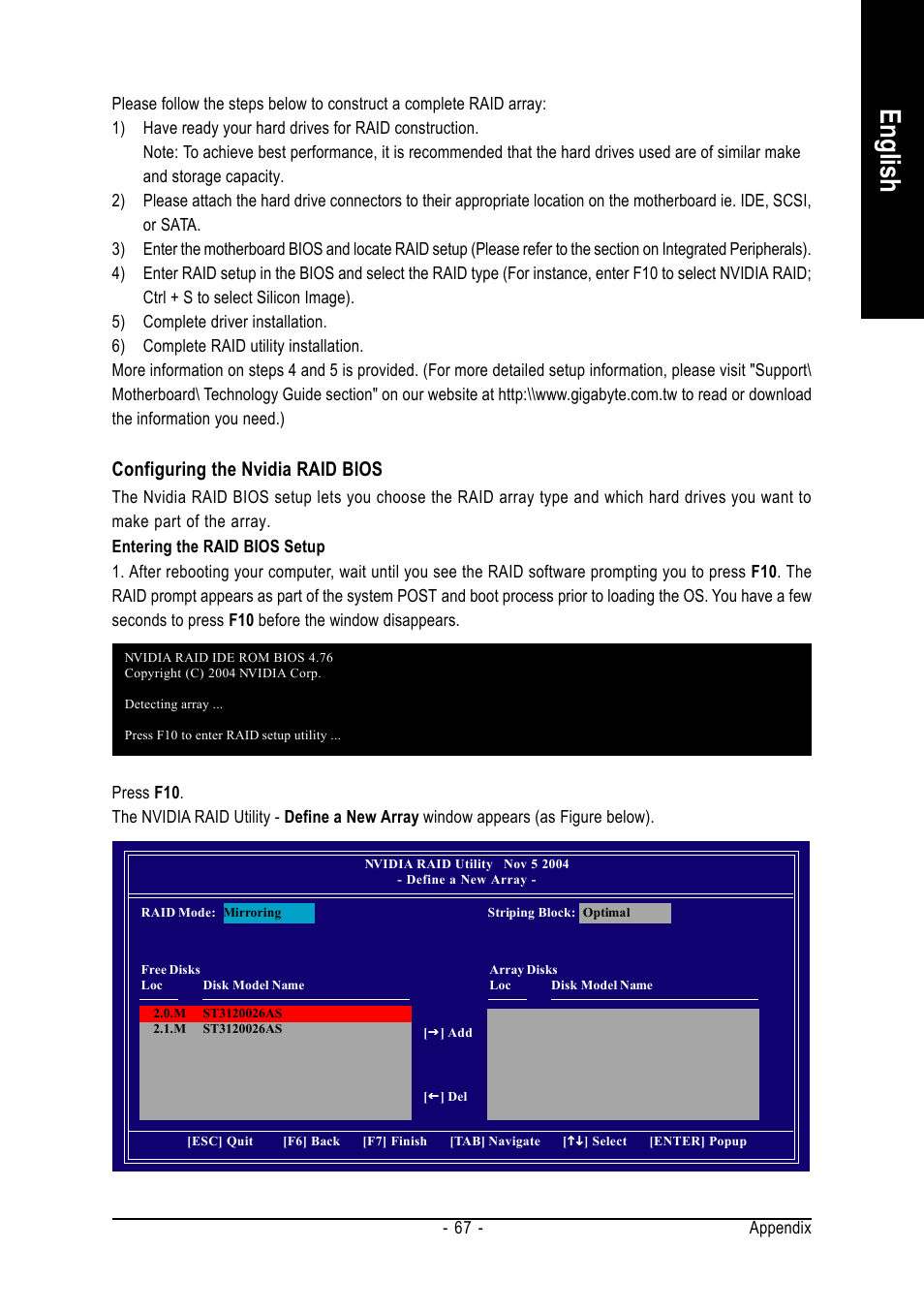 English, Configuring the nvidia raid bios | AMD GA-K8N ULTRA-9 User Manual | Page 67 / 80